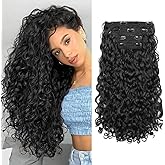 REECHO Curly Hair Extensions - 4PCS 18" GoGo Curly Clip in Hair Extensions 100% Super Protein Hairpieces with Invisible Lace Weft Silky Soft Natural Look for Women - Natural Black