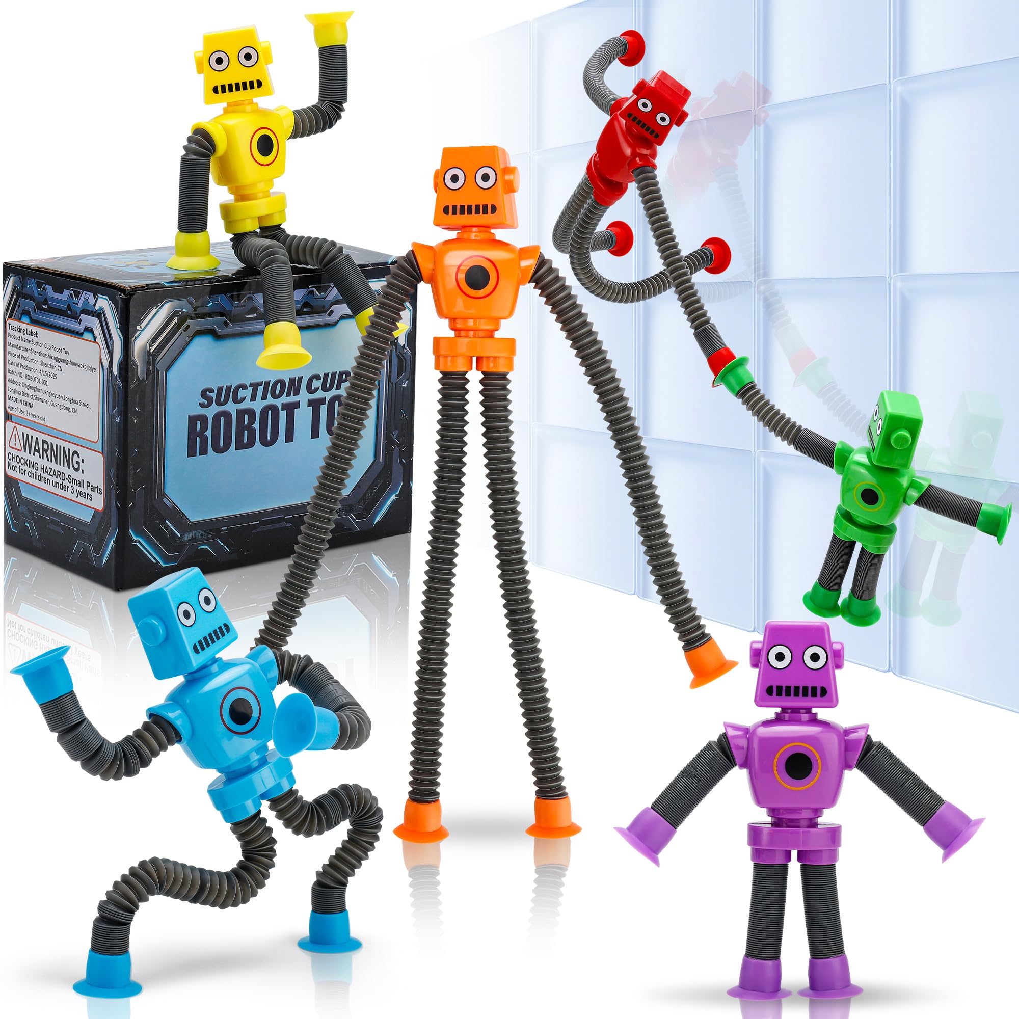 Photo 1 of Robot Suction Cup Toys Pop Tubes | 6 PCS-Stretchy Sensory Fidget Toys for Kids Ages 3+ | Perfect for Travel, Party Favors,Autism, Stress Relief | Fun Robot-Shaped Suction Cup Toys