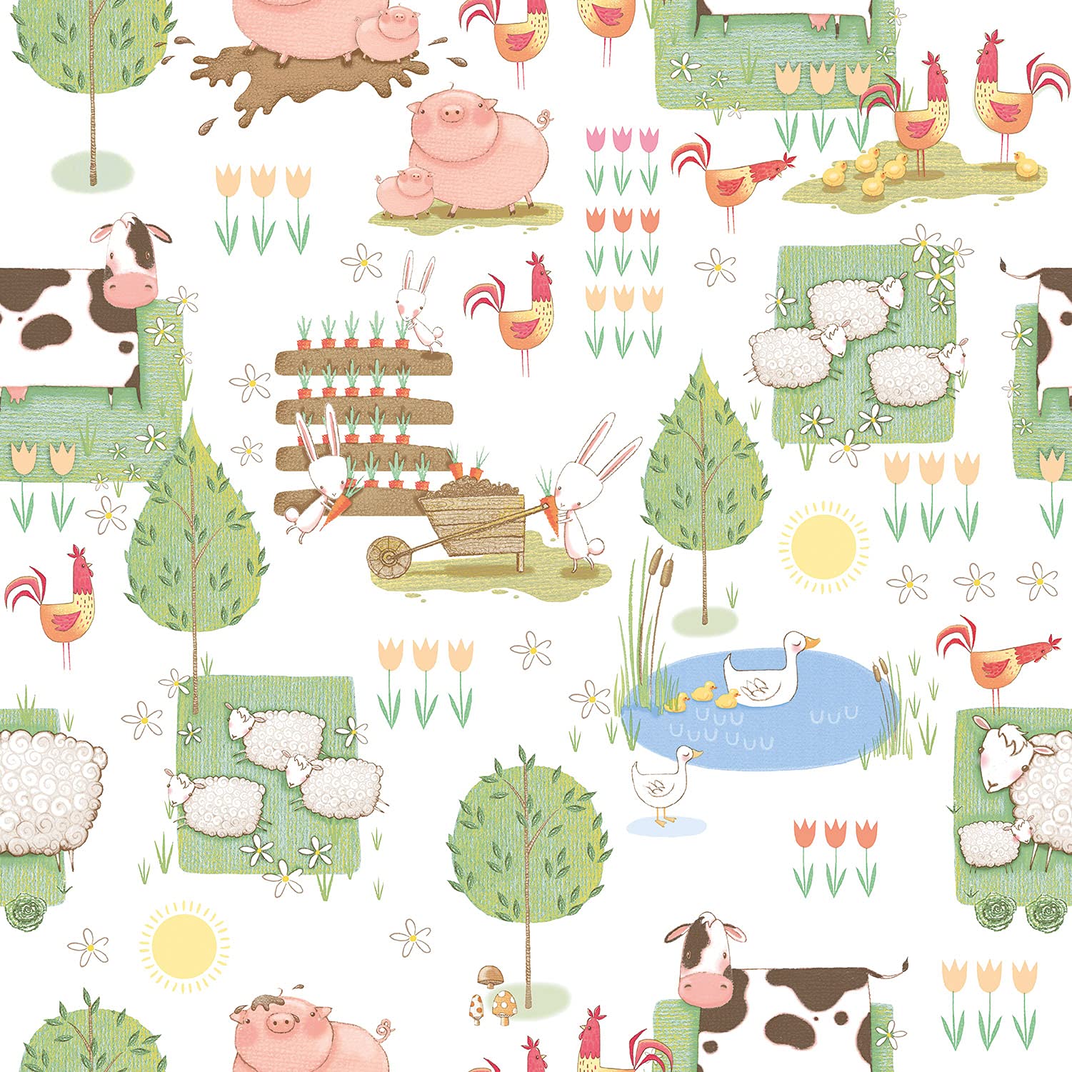 Galerie G78377 Tiny Tots 2 Farmland Wallpaper, White/Multi, 10m x 53cm