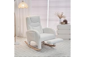 Wrofly Nursery Rocking Chair with Foot Rest, Modern Upholstered Glider Chair with High Back Pocket, Comfy Accent Rocker Armchair Sherpa Lounge Reading Chair for Living Room Bedroom, Ivory Teddy
