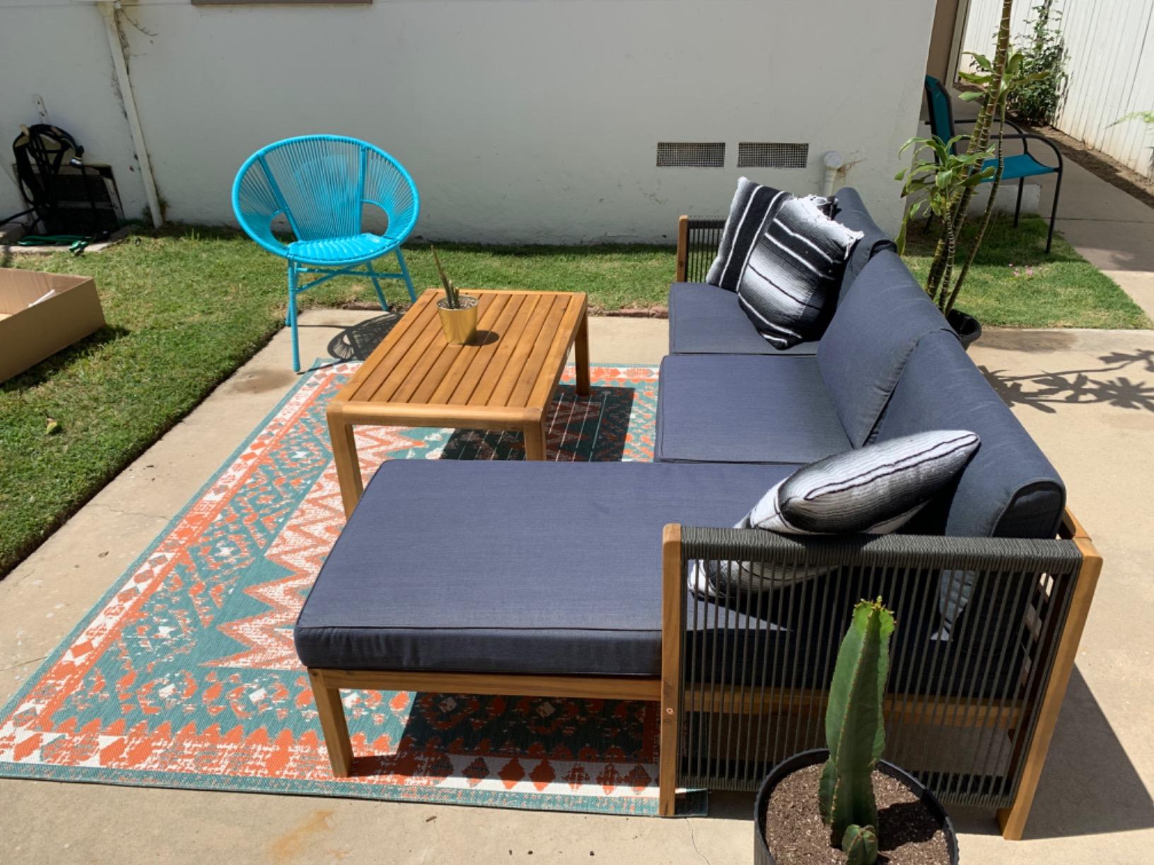 48/mo Finance Tangkula L Shape Outdoor Furniture Set, 3 Piece Acacia Wood Patio Conversation