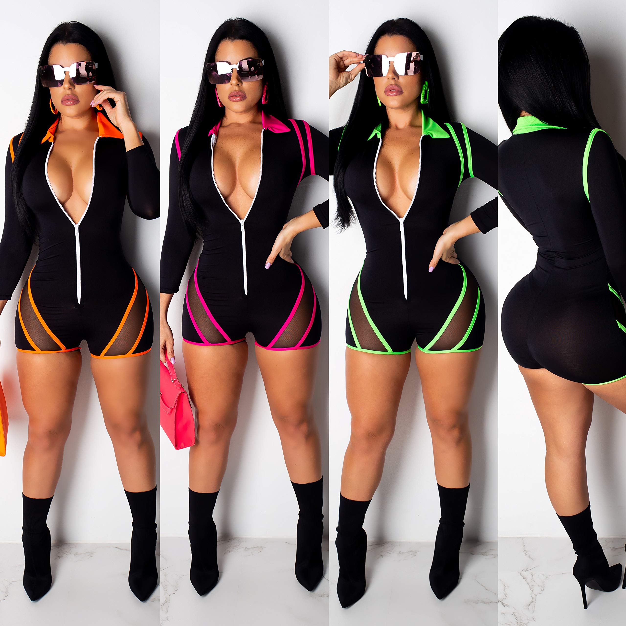 ThusFar Sexy Rompers for Women - One Piece Outfits Mesh Romper Shorts Front Zipper Bodycon Jumpsuit XX-Large Rose