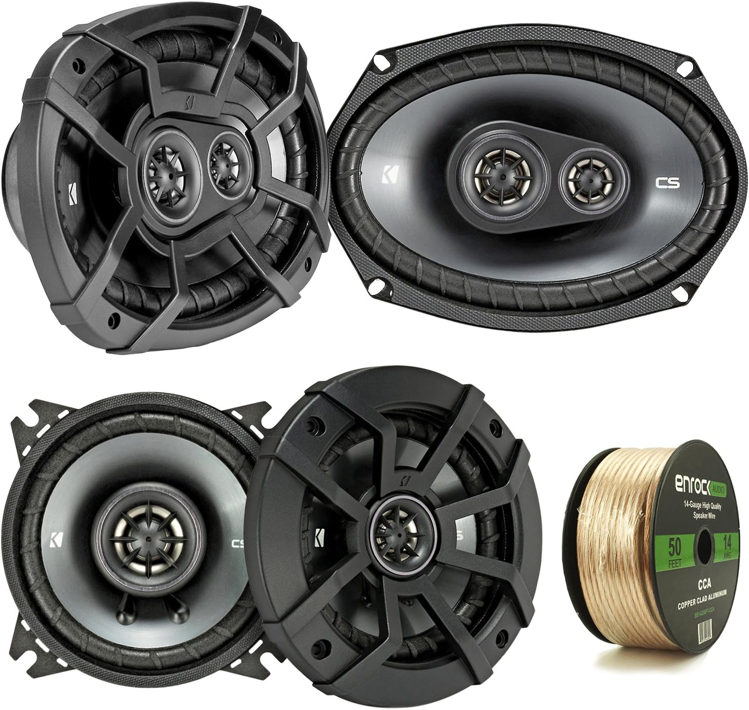 2 Pair Car Speaker Package Of 2x Kicker 43CSC44 300-Watt 4" Inch 2-Way Black Coaxial Speakers + 2x CSC6934 900W 6x9" CS Series 3-Way Speakers - Bundle Combo With Enrock 50 Foot 14 Gauge Speaker Wire