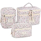 Anfly Makeup Bag, Quilted Cosmetic Bags, Large Floral Make Up Bag for Women, Cute Cotton Makeup Bag 3PC Set, Travel Toiletry Bag (Little Flowers)
