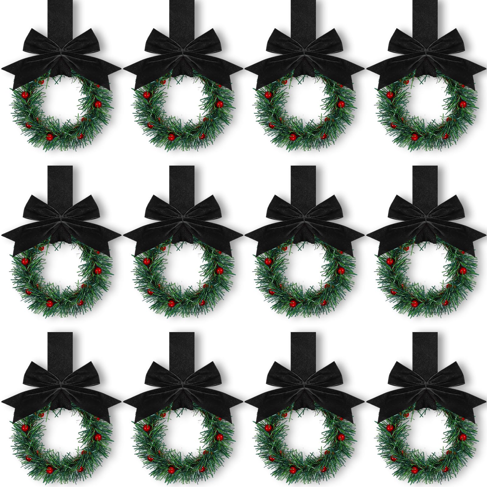 Photo 1 of Retrowavy 12 Pcs Christmas Kitchen Cabinet Wreaths with Ribbon 3.94 Inch Mini Christmas Wreath Small Kitchen Xmas Decor for Window Door(Black,Classic Style)