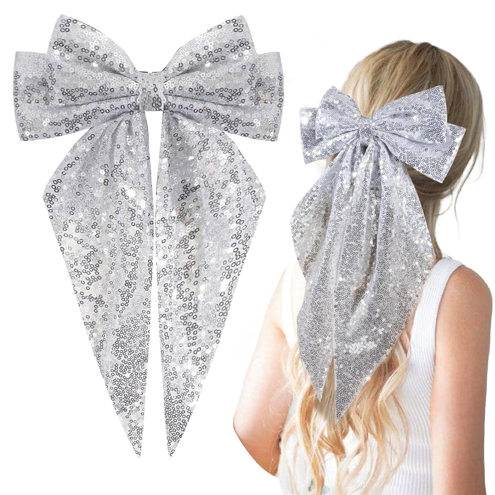 Sequin Hair Bow Clips - Double Layered Design With Sparkling Sequins, 90's Accessories for Women and Girls, Party and Valentine's Day (Silver)