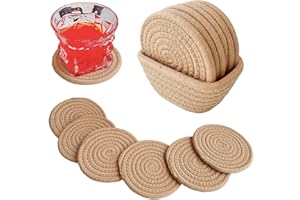 Valdivia Boho Drink Coasters with Storage Basket, Handmade Woven Cotton Absorbent Coaster Set of 6, Minimalist Home Decor for