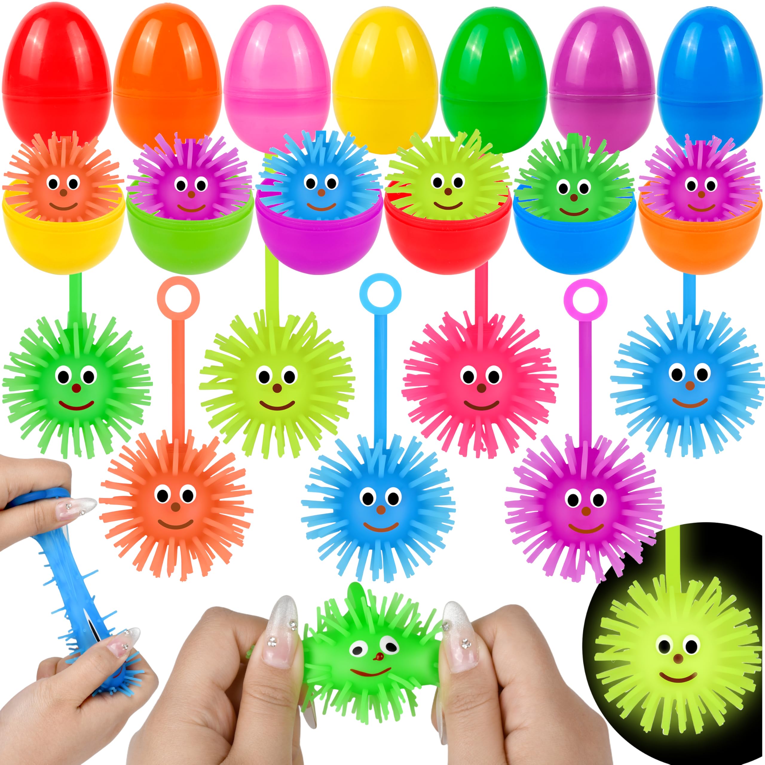 Seifar 24 Pack Easter Eggs Prefilled Egg Set, Plastic Eggs Filled with Flashing Puffer Balls, Easter Hunt Basket Stuffers with Stress Relief Fidget Toys Squeeze Ball for Egg Hunt Party Favor