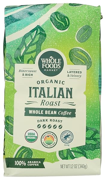 WHOLE FOODS MARKET, ORGANIC WHOLE BEAN COFFEE, DARK ITALIAN ROAST, BITTERSWEET, RICH & VELVETY, 12 OUNCE