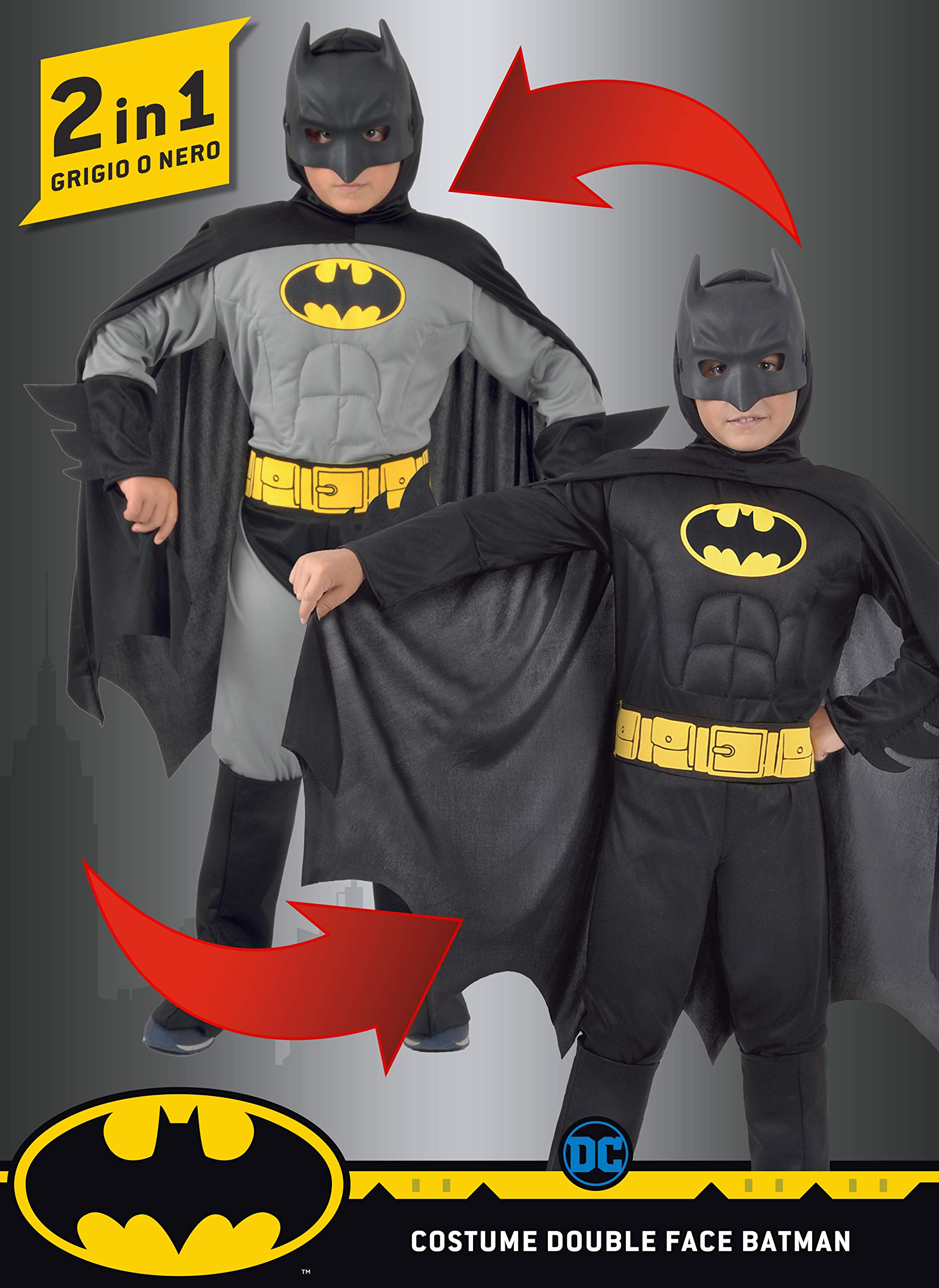 Batman 2-in-1 (Classic / Dark Knight) costume disguise boy official DC Comics (Size 10-12 years) with padded muscles