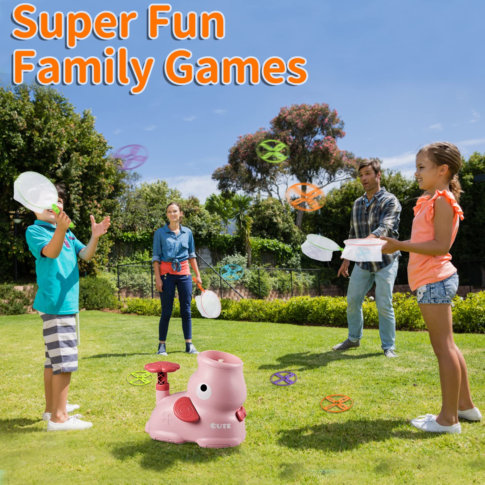 Outdoor Toys for Kids Ages 4-8, Flying Disc Launcher with 8 Discs and 2 Net Pockets - Perfect for Birthdays, Christmas, New Year (Pink)