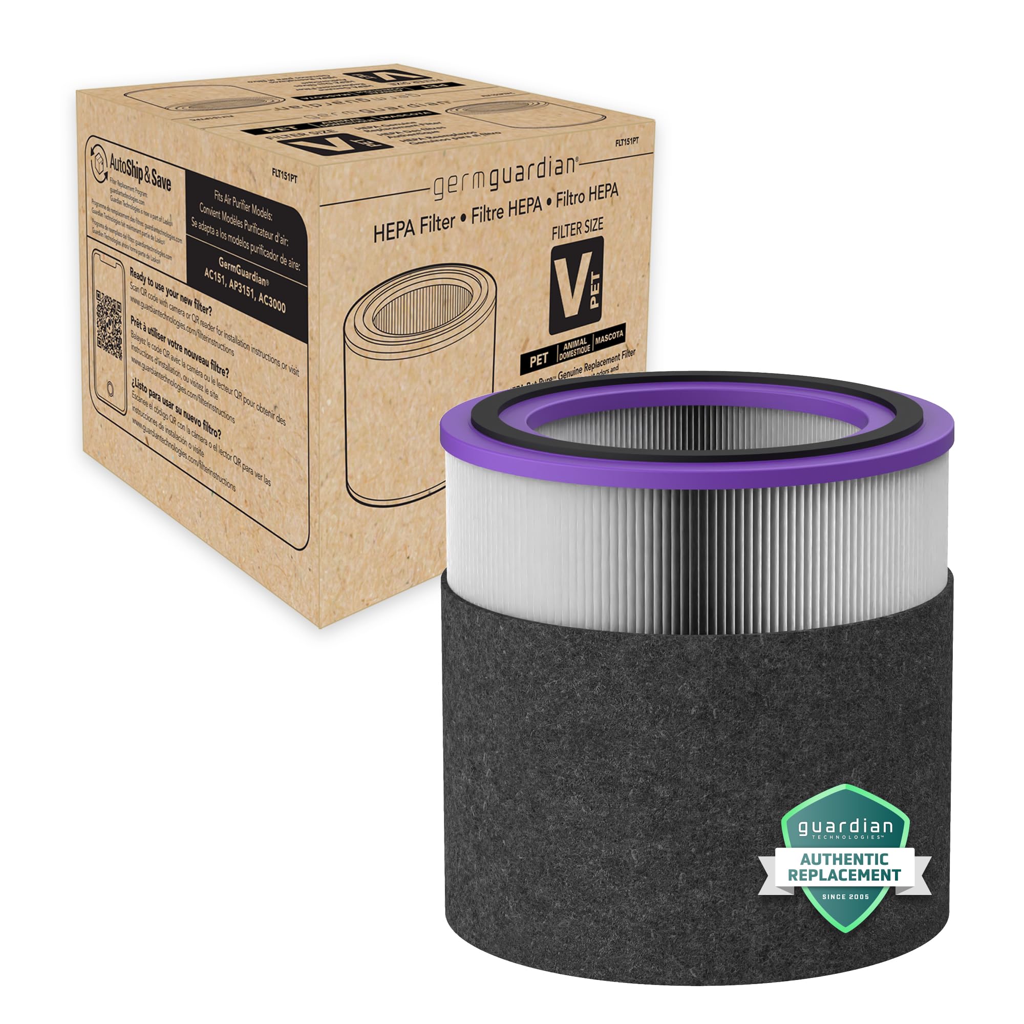 GermGuardian Filter V Pet Pure HEPA Original Air Purifier Replacement Filter, Removes 99.97% of Pollutants for AirSafe Series and AC151, Black/Purple, FLT151PT