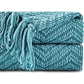 BATTILO HOME Teal Throw Blanket for Couch, Knit Woven Turquoise Blankets Versatile for Chair, Super Soft Warm Decorative Green Blanket with Tassels for Bed Sofa, 50"x60"