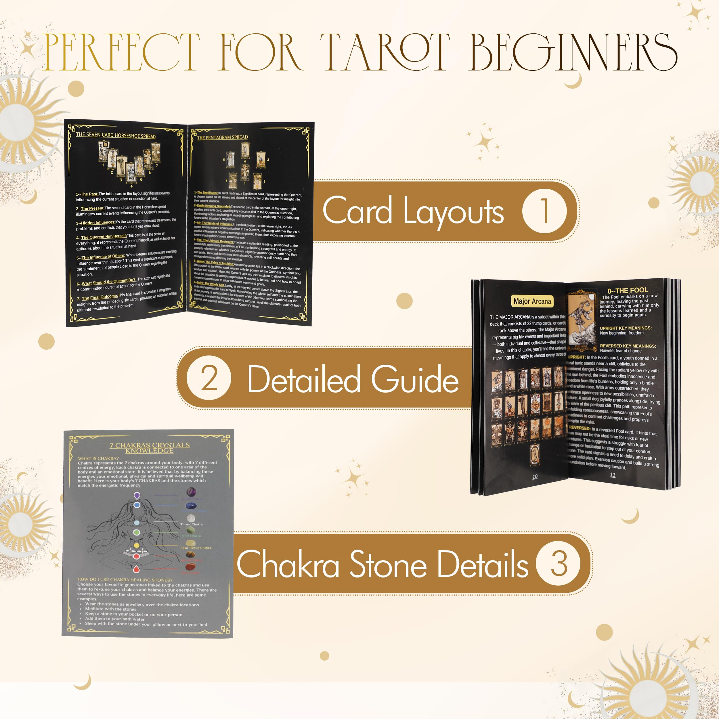 Tarot Cards with Guide Book, 78 Black Tarot Deck Set with Table Cloth, Chakra Stones, Velvet Bag and More, Classic Tarot Cards for Beginners Kit, Fortune Telling Game