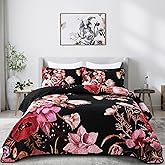 Floral Quilt Set Queen 3 Pieces Red Floral Quilt Coverlet Set Soft Microfiber Lightweight Black Quilted Bedspread for All Season 90"x96"