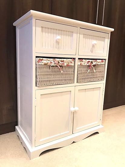 Home Delights White Storage Unit 2 Cupboard 2 Wicker Drawer Basket