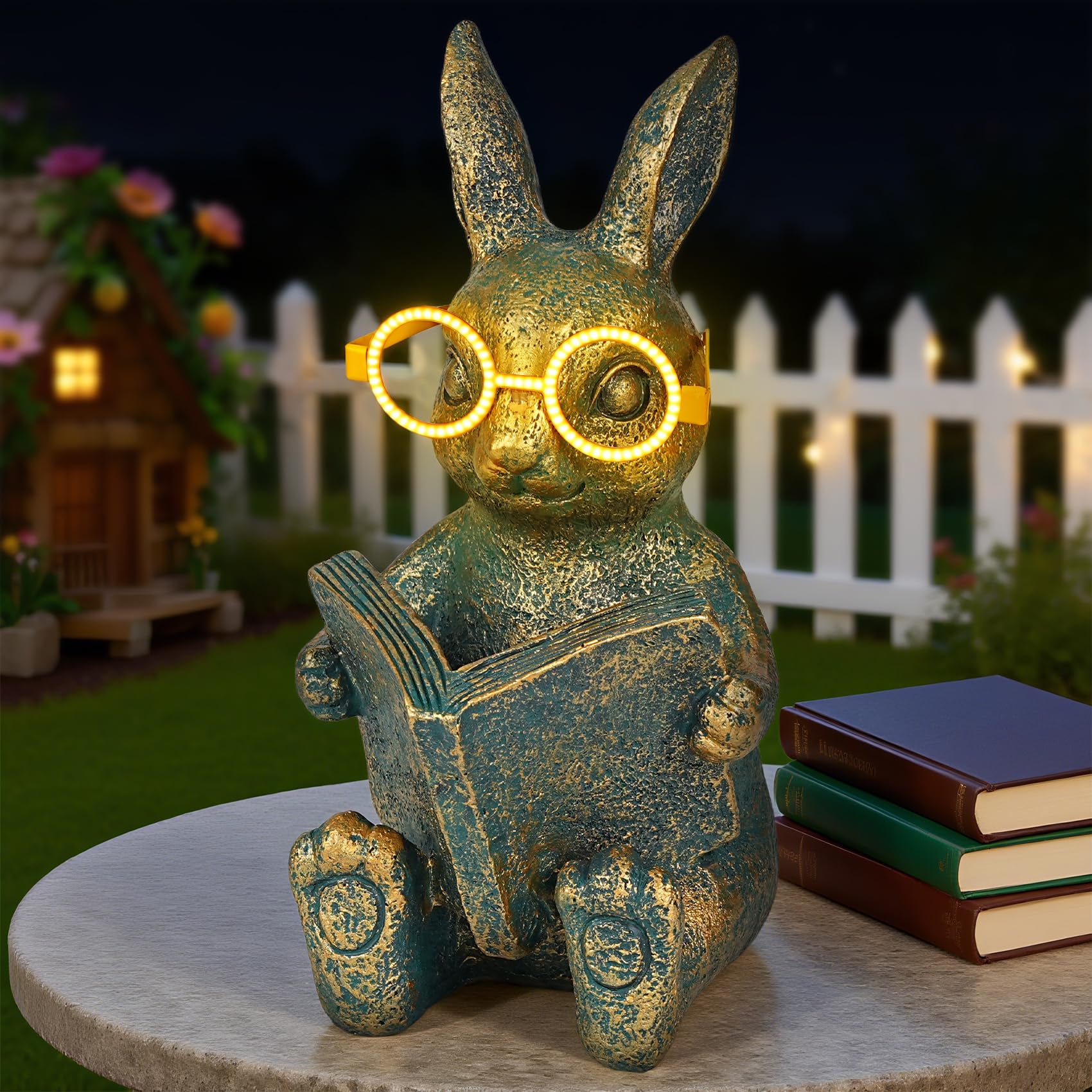 Photo 1 of ***Damaged Ear***zuzuzen Solar Garden Decor, Adorable Rabbit Statue with Solar-Powered Glasses, Outdoor Bunny Figurine Lights for Patio, Yard & Balcony, for Kids, Mom & Grandma