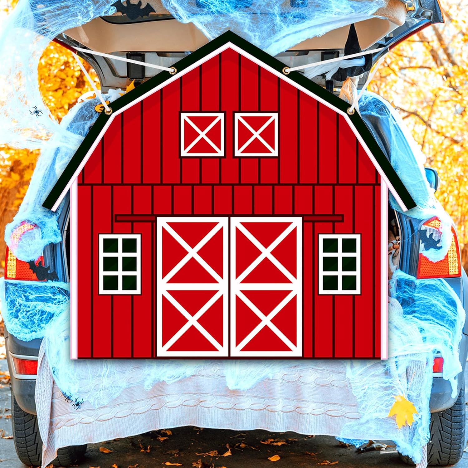 Garage Door Decorations - Preboun Halloween Farm Trunk or Treat Decorations Banner for Cars, Red Barn Door Car Archway Garage Decor with String and Glue Points Waterproof Trunk Banner for Halloween Party Supplies