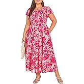 KIMCURVY Women's Plus Size Summer Casual Dress Crew Neck Flutter Short Sleeve Smocked Tiered Maxi Dress with Pockets