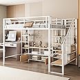 Luckiofvonne Full Size Loft Bed with Stairs and Desk, Metal Loft Bed Frame with Storage Bookcase and Low Desk Cabinet, Heavy-Duty Loft Bed for Adults Teens and Kids, White