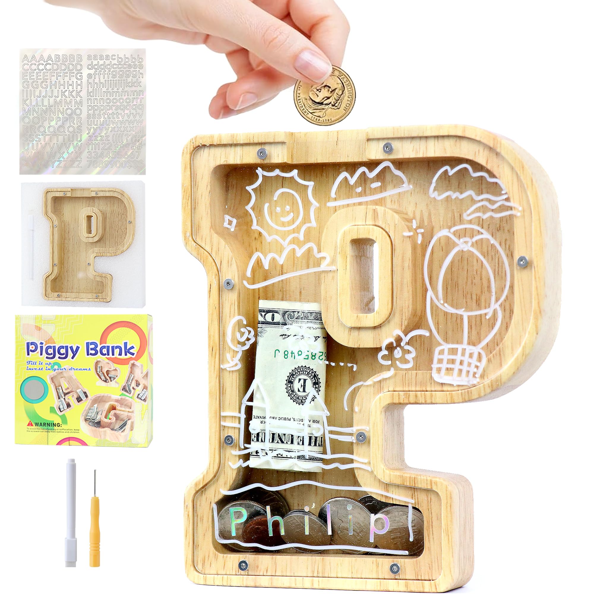 Mikytoper Money Box for Kids, Wooden Letter Piggy Banks for Kids, Personalized Money Box Clear Money Bank, Boys Girls Toddler Birthday Festival Gift (P)