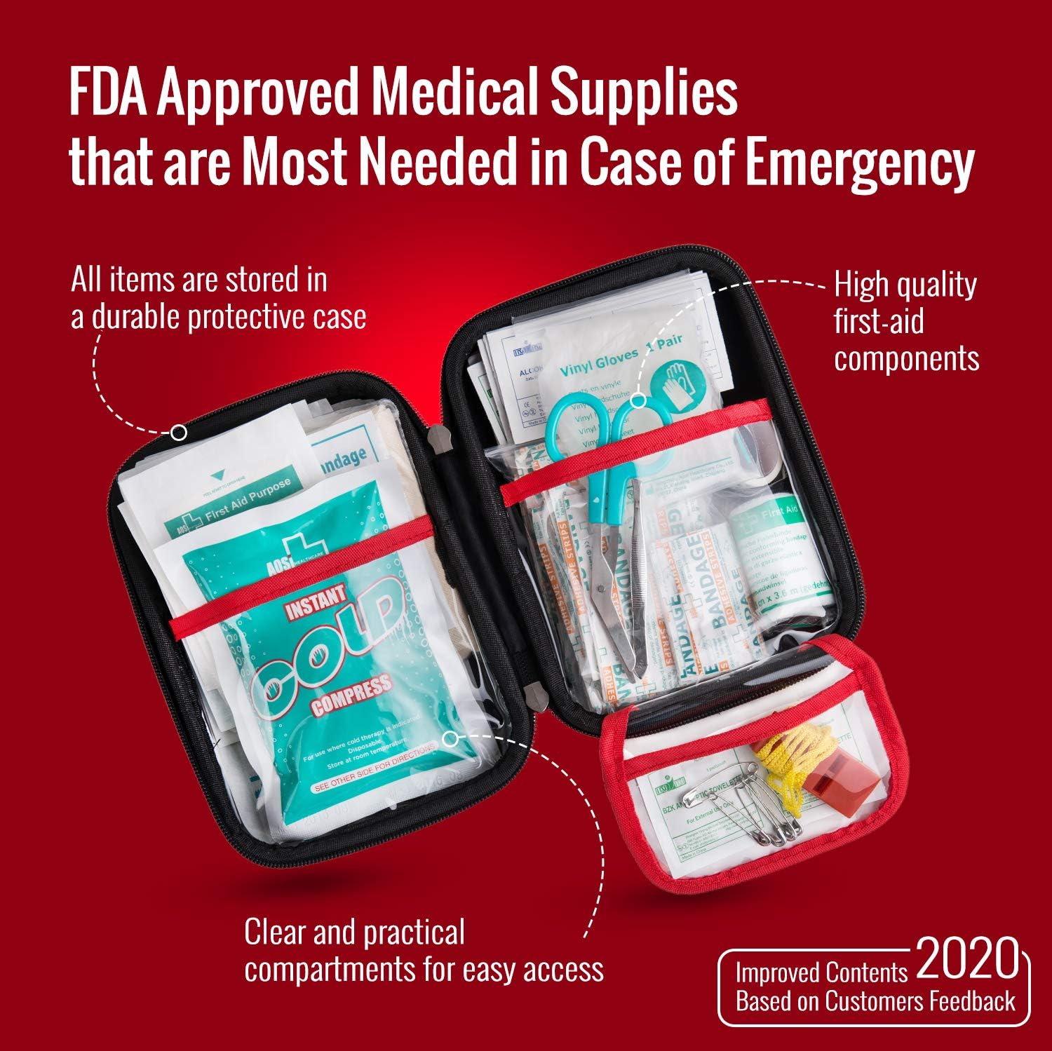 First Aid Kit - 200 Piece - for Car, Home, Outdoors, Sports, Camping, Hiking or Office | Red Case Fully Packed with Emergency Supplies: Health & Personal Care