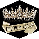 TOBATOBA Birthday Queen Sash and Crown for Women - Gold Rhinestone Tiara and Sash Set for Birthday Decorations Outfits for Women