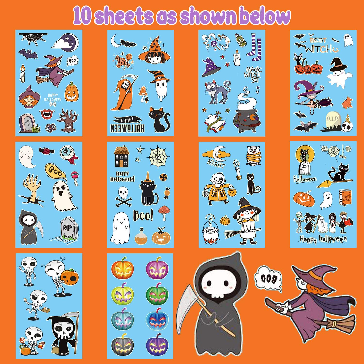 Partywind 10 Sheets Luminous Halloween Temporary Tattoos for Kids, Glow Halloween Decorations Birthday Party Favors Supplies, Halloween Fake Tattoos Goodie Bag Fillers Games Accessories for Party