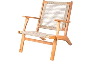 PATIO SENSE Balkene Home 62773 Vega Natural Stain Outdoor Chair Acacia Wood Construction Hand Woven Seat Mid Century Design Comfortable Reclining Armchair Patio Lawn Garden Backyard Deck - Ecru Cording