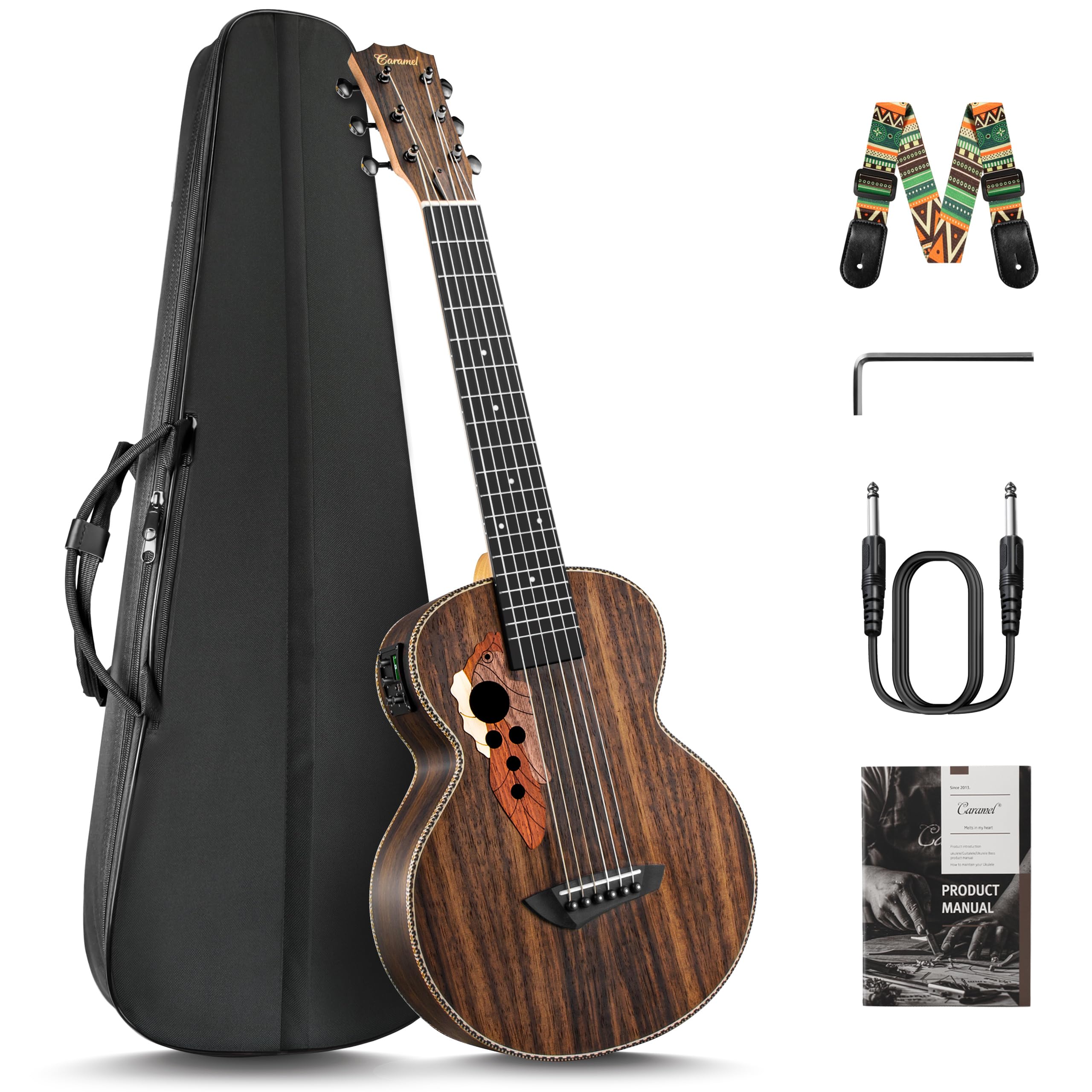 30 inch Caramel CB904G Ebony Wood Electric Guitalele Small Guitar Kit Beginner Guitarlele Starter Bundle Strings, Padded Gig Bag, Strap and Wall mount Set