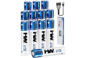 HW Rechargeable Triple A Lithium Batteries with USB C Cable [12-Pack]: Fast Charge, Lightweight, 1300mWh, 1000+ Cycles, 1.5V 
