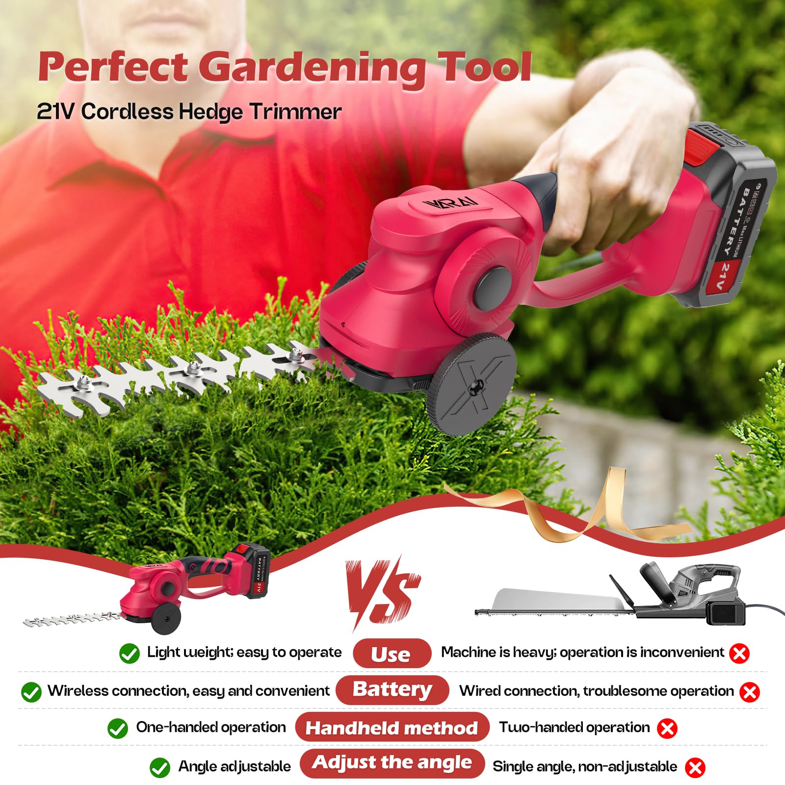 VARAI Hedge Trimmer Cordless, 2 in 1 Cordless Hedge Trimmer with 1300mAh Battery*2, High Power and Large Capacity Hedge Shears for Gardens, Patios and Lawns Charger Included
