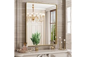 JISOSO Gold Bathroom Mirror, 28x36 Inch Brushed Gold Metal Frame Mirror for Wall, Rounded Rectangle Bathroom Vanity Mirror, Tempered Glass, Anti-Rust, Horizontal/Vertical