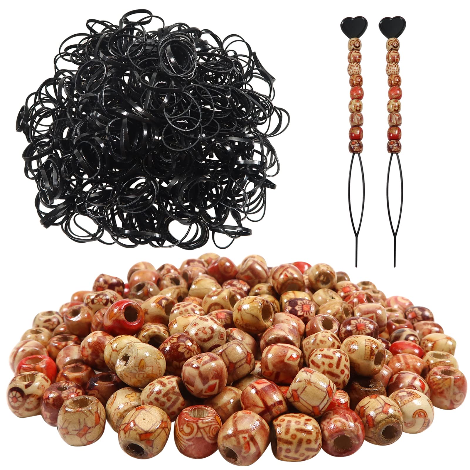 TOAOB 702pcs Wooden Hair Beads Set Including 200pcs Different Drawing Styles Barrel Wood Beads and 500pcs Black Elastic Rubber Bands with 2pcs Quick Beader for DIY Jewelry Making Hair Accessories