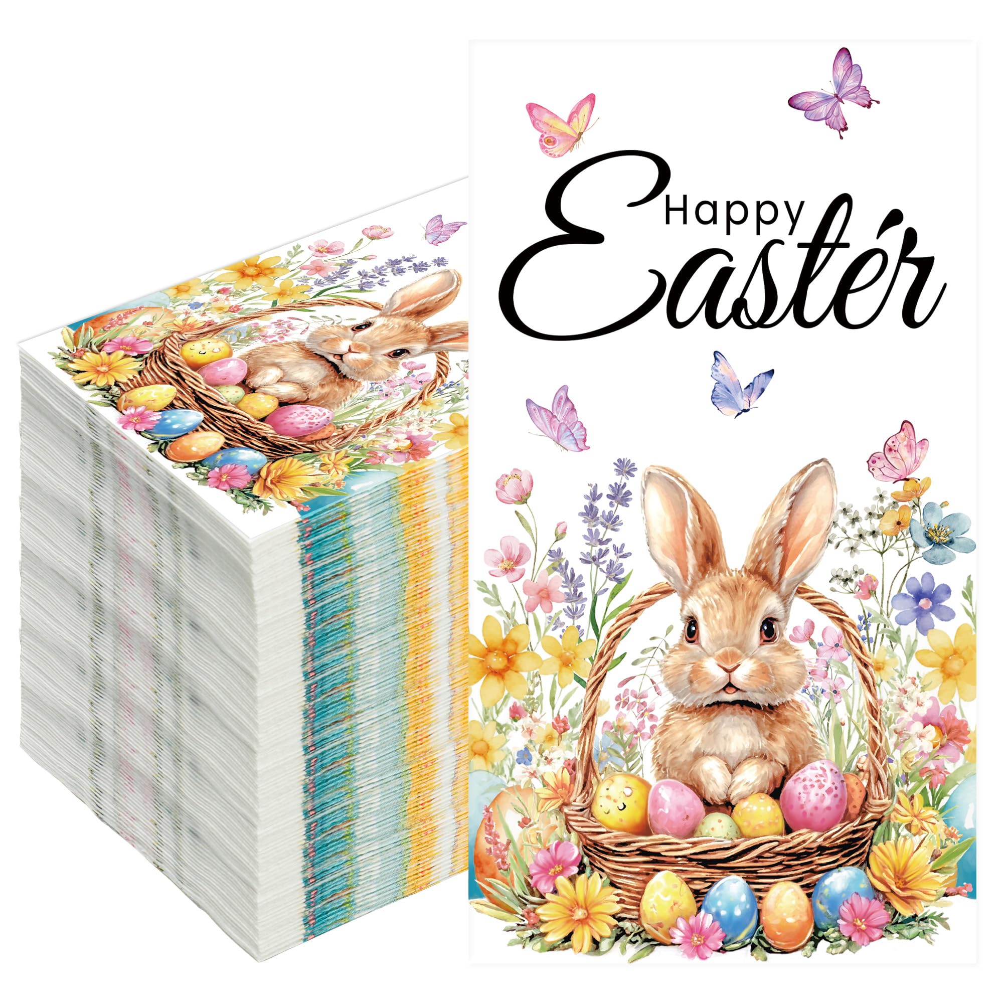 Photo 1 of 100 PCS Happy Easter Guest Napkins Easter Bunny Floral Paper Napkin 3 Ply Disposable Rabbit Egg Flower Decorative Hand Towels for Bathroom Spring Party Dinner Table Decor Home Kitchen Supplies