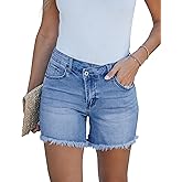 luvamia Jean Shorts for Women Mid Rise Trendy Stretchy Crossover Waist Denim Shorts Raw Hem Casual Summer Pockets
