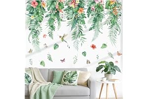 wondever Green Tropical Leaves Wall Stickers Hanging Palm Leaf Plants Flower Peel and Stick Wall Art Decals for Living Room B