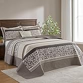 FineStichery Farmhouse King Bedspread 120x120, 100% Cotton Oversized Quilt Bedspread Coverlet Set, Striped Botanical Pattern, Lightweight Quilted Bedding Set, All Season, Taupe/Brown/Sand