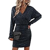 Bebonnie Womens Sexy V Neck Batwing Sleeve Sparkly Cocktail Party Sweater Dresses Holiday Bodycon Midi Dress