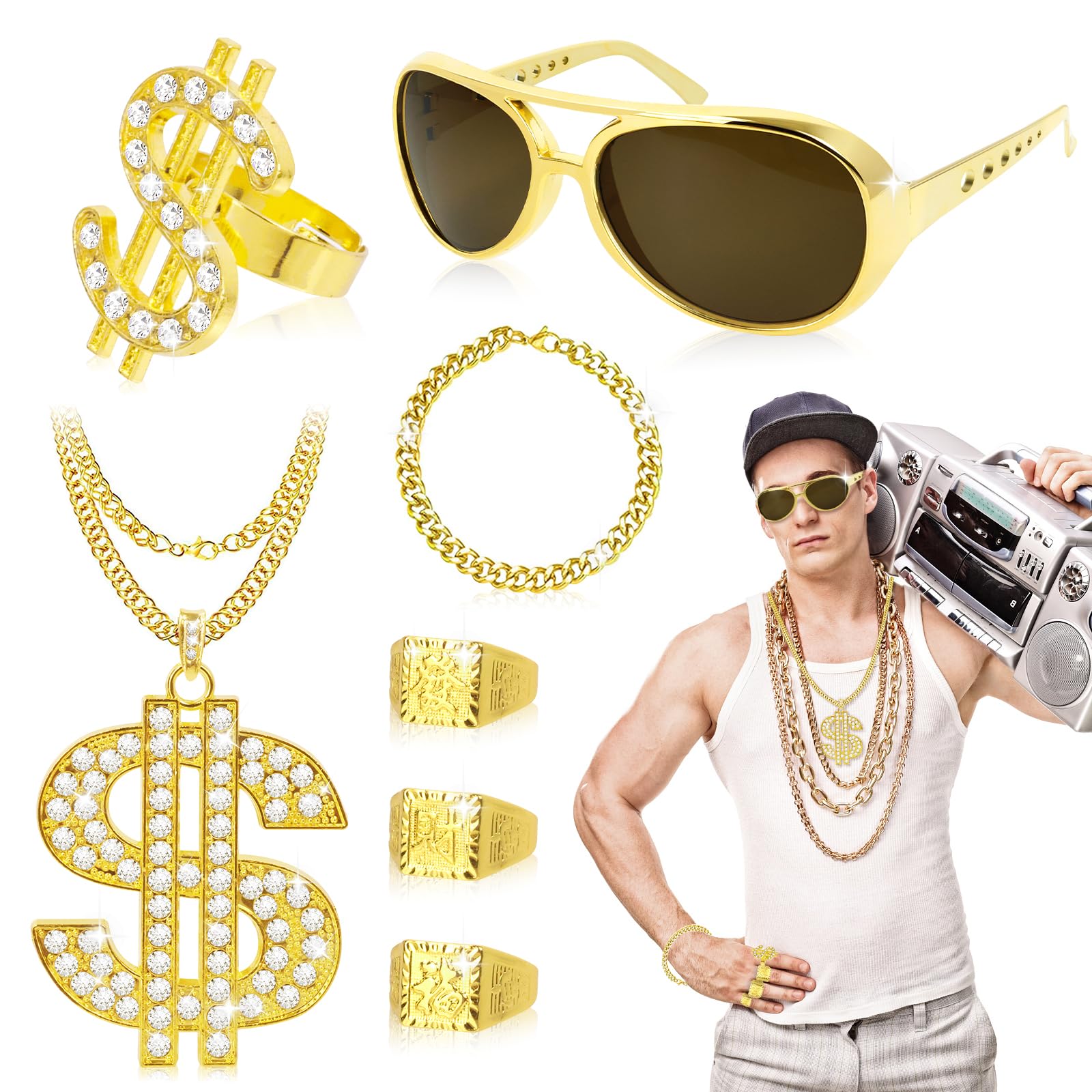 Anbooc 7Pcs Hip Hop Costumes Kit, 80s 90s Accessories Outfit for Men Women Rapper Accessories