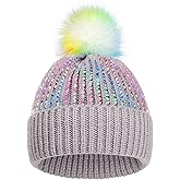 BAOPLAYKIDS Kids Knit Winter Hats with Pompom for Ages 3-14 Girls Warm Snow Ski Cap with Sparkly Sequin or Pearl Rhinestones