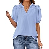 PRETTYGARDEN Womens Casual Summer Tops 2025 V Neck Short Puff Sleeve Pleated Cotton T Shirts Loose Dressy Blouses