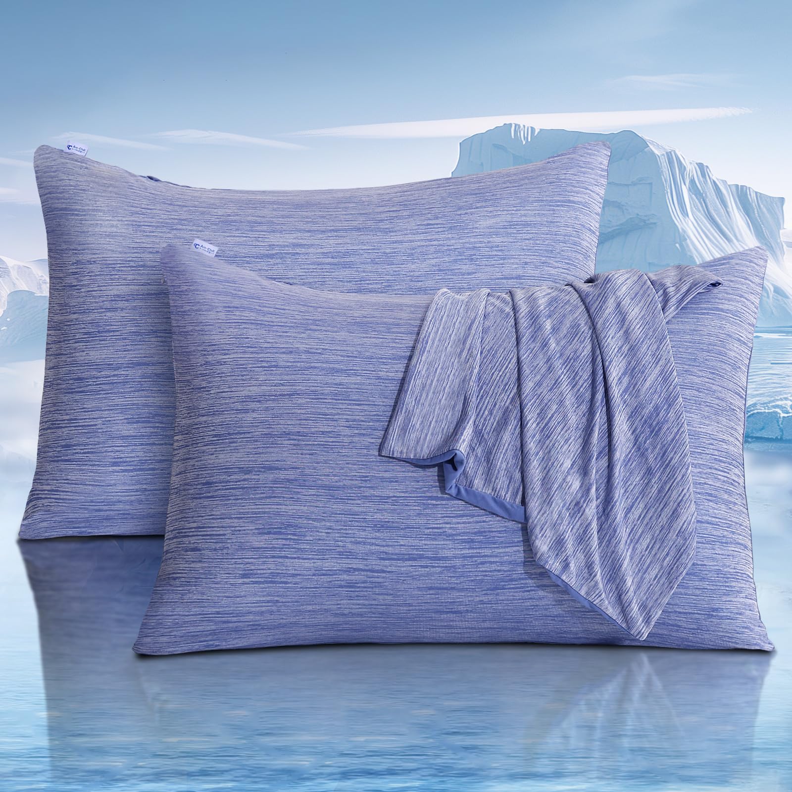 Avoalre 2Pack Cooling Pillowcases for Hair and Skin 50x75cm Double-Sided Cold Pillow Case Cover with Arc-Chill3.0 Cooling Fiber(Q-Max>0.5) Hidden Zipper Helps Sleep Hypoallergenic Bleu — image 1