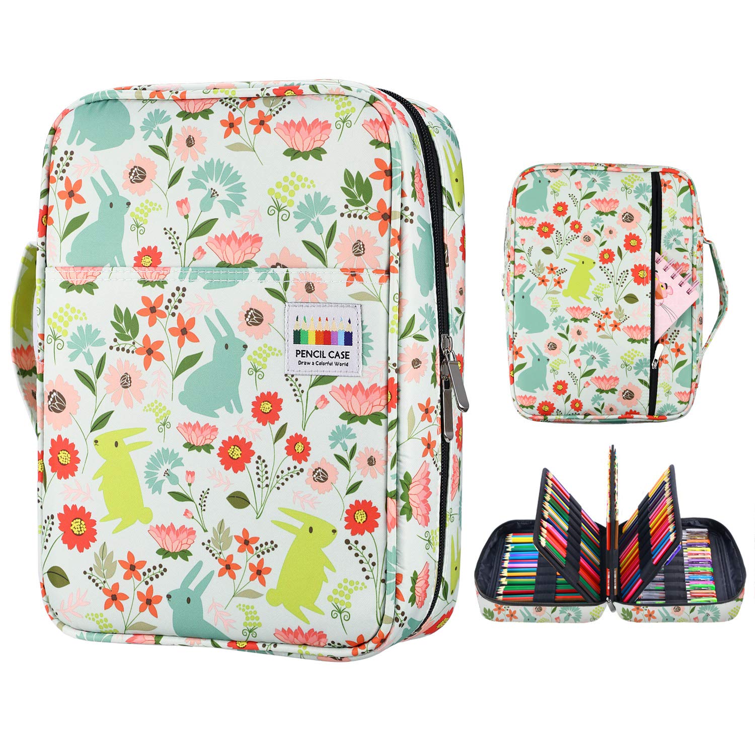 YOUSHARES Colored Pencil Case 220 Slots Pen Case Organizer with Handy Wrap & Zipper, Multilayer Holder for Prismacolor Colored Pencils & Gel Pen (Rabbit)