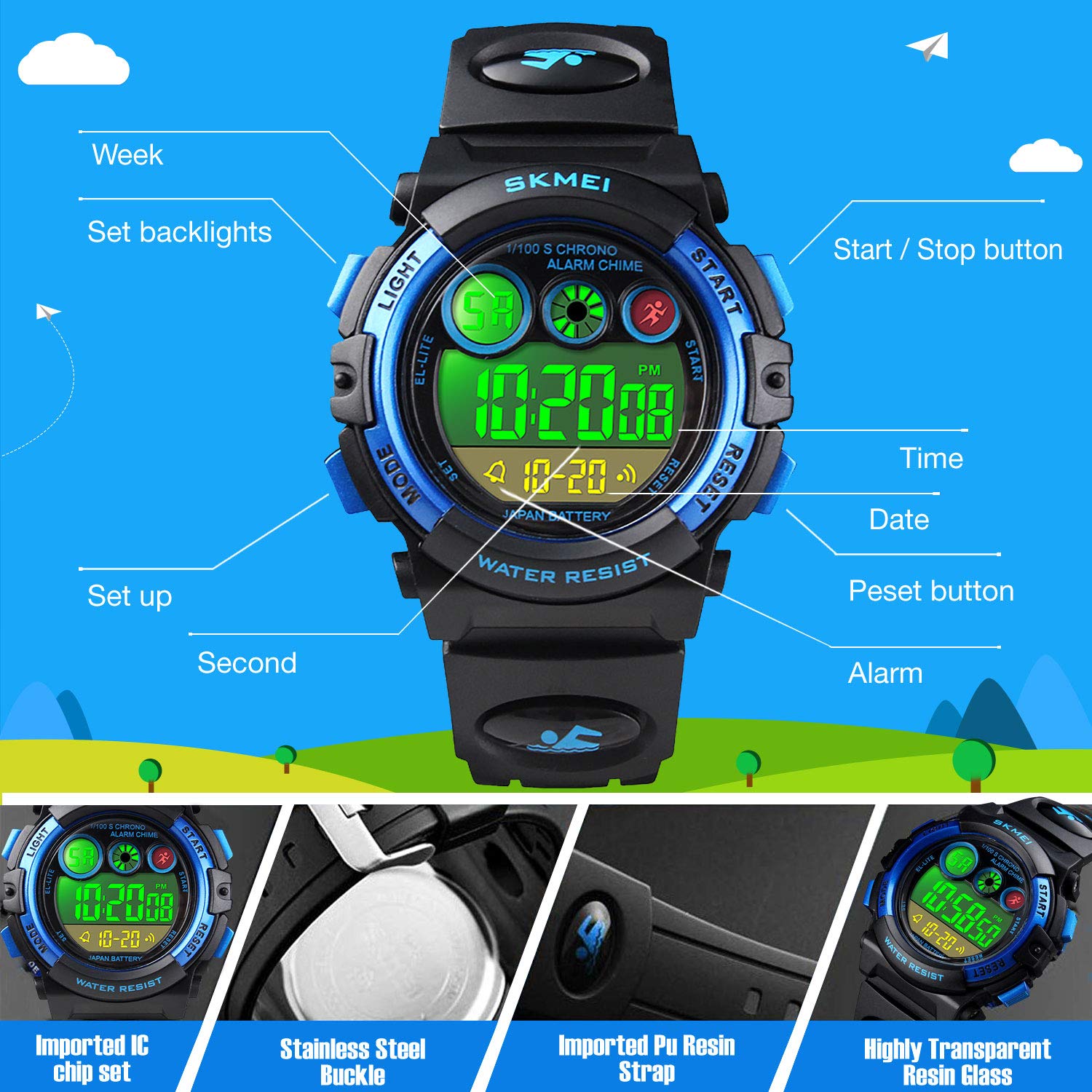 cofuo Kids Digital Sport Watch for Boys Girls, Kid Waterproof Electronic Multi Function Casual Outdoor Watches, 7 Colorful LED Luminous Alarm Stopwatch Wristwatch