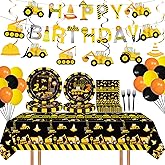 92 Pcs Construction 2nd Birthday Party Supplies Dump Truck Theme Two Tableware Includes Hanging Swirl, Balloons, Plates, Table Cloth for Boys Construction Two Years Old Bday Party Decorations Favors