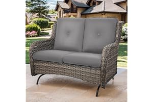 Bellefurn Patio Loveseat Wicker Loveseat Rattan Glider Sofa with Curved Armrest Thicking Back & Seat Cushions for Garden Balcony Backyard Grey Wicker|Grey Cushions (A) Patio Loveseat Glider