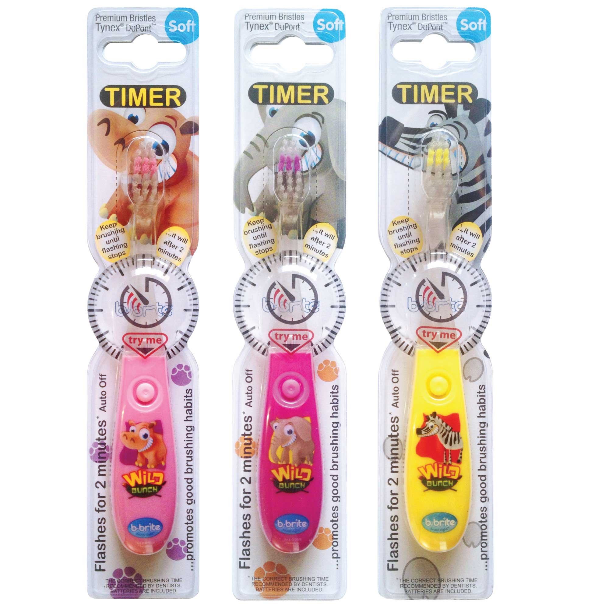 Children's Toothbrush with Flashing Timer - Pack of 3 for Girls - Wild Bunch