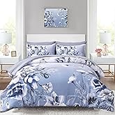 Luxudecor Floral Comforter Set King Size 7 Piece, Blue Flower Bed in a Bag, Elegant Gradient Floral Comforter with Sheet Set, Soft Seersucker Microfiber Bedding Set for All Season (Blue, 104"x90")