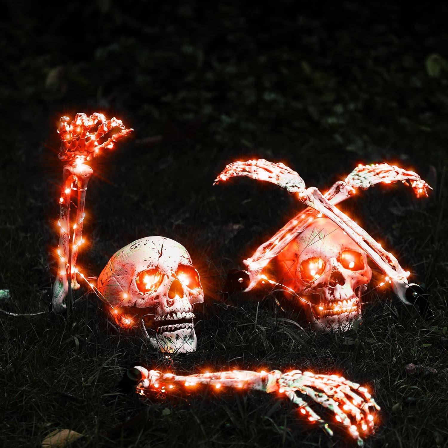 Decorative Garden Stakes - 6 Pcs Halloween LED Skeleton Skull Hands Halloween Skeleton Decoration Stakes Glowing Skeleton Arm Stakes with Lights LED Halloween Skull and Arms for Halloween Indoor Outdoor Graveyard Decor (Orange)
